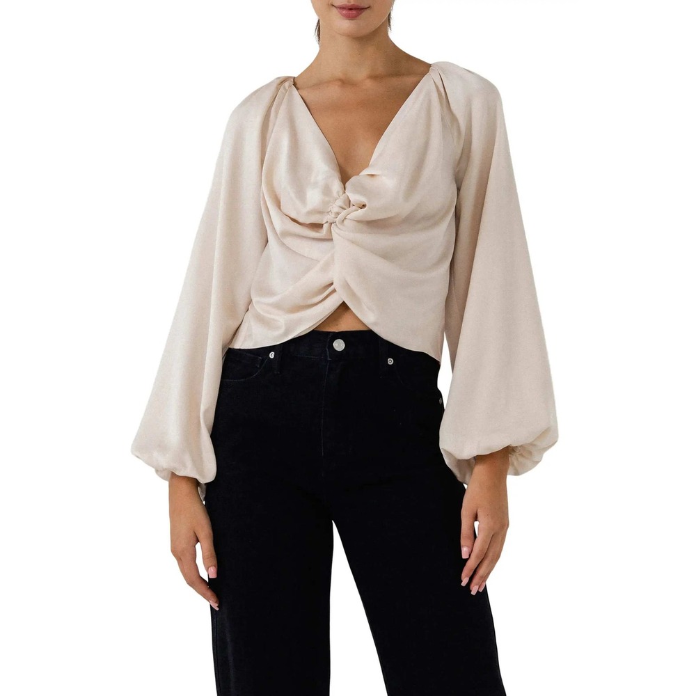 Endless Rose Ivory Satin Twist Front Blouse Balloon Sleeve Tie Neck Top NWT XS
